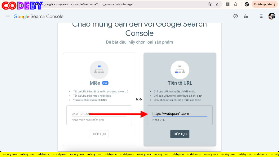 Giao diện chọn loại sản phẩm trong Google Search Console