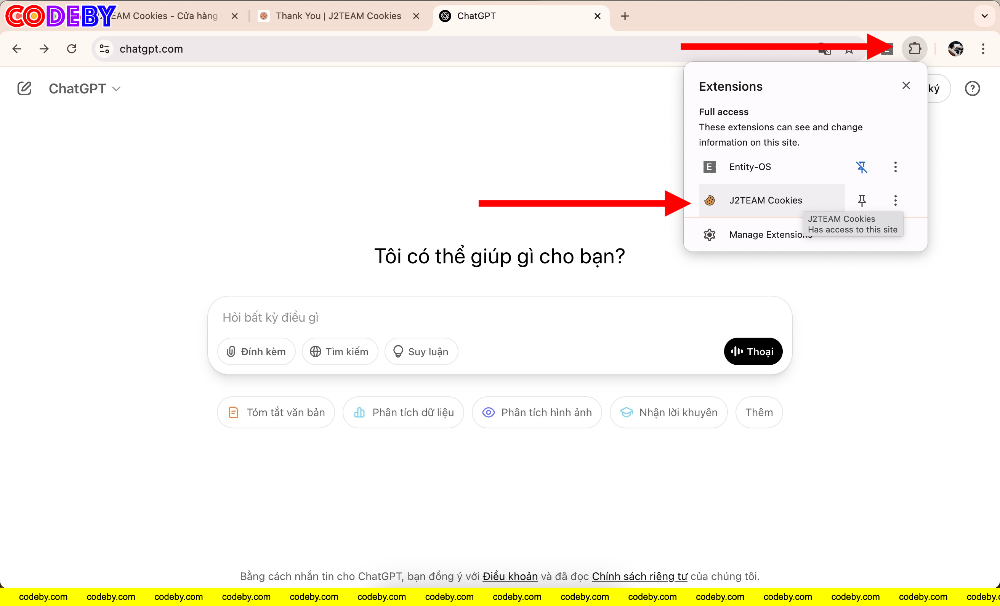 Giao diện login ChatGPT và tiện ích mở rộng J2TEAM Cookies