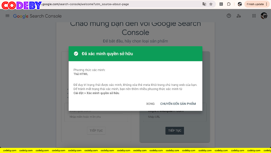 Thông báo xác minh quyền sở hữu thành công trên Google Search Console