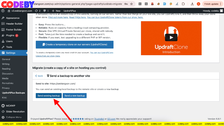 Web cũ chọn bản sao lưu backup đã hướng dẫn ở bài trước