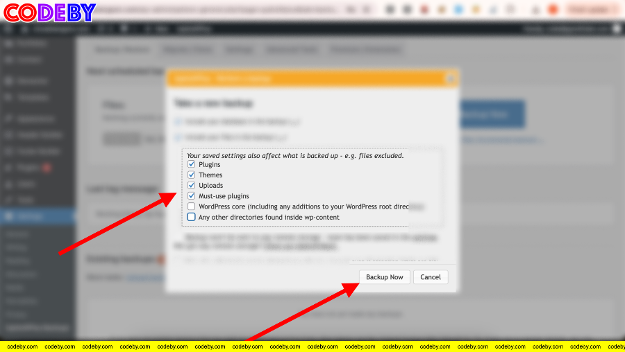 Web cũ chọn những phần data cần backup trong UpdraftPlus