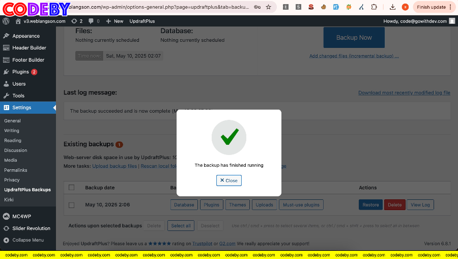 Web cũ giao diện plugin UpdraftPlus sao lưu thành công website