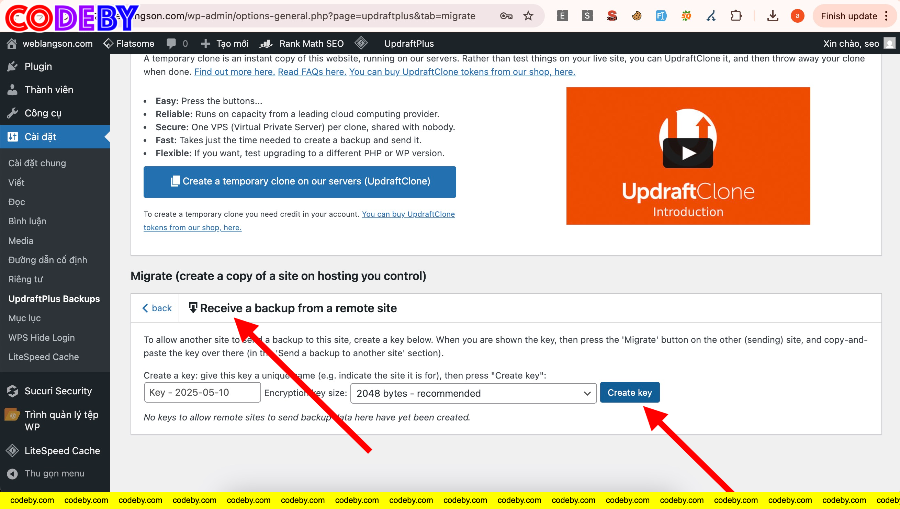 Web mới chọn Receive a backup và tạo key