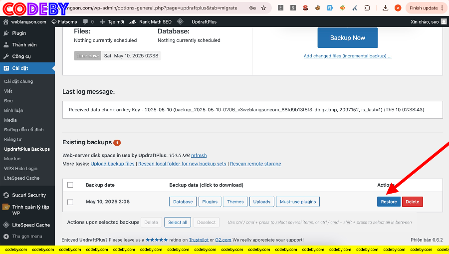 Web mới giao diện plugin UpdraftPlus bấm restore