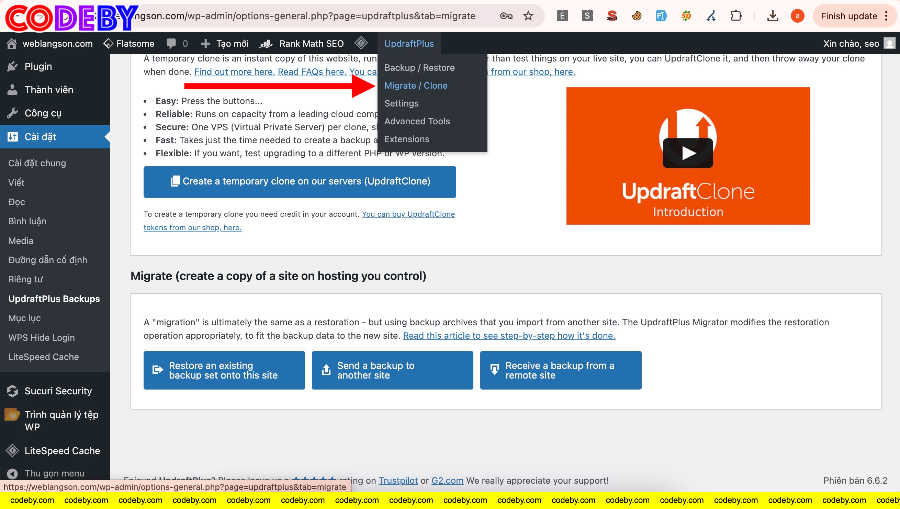 Web mới UpdraftPlus chọn Migrate / Clone website