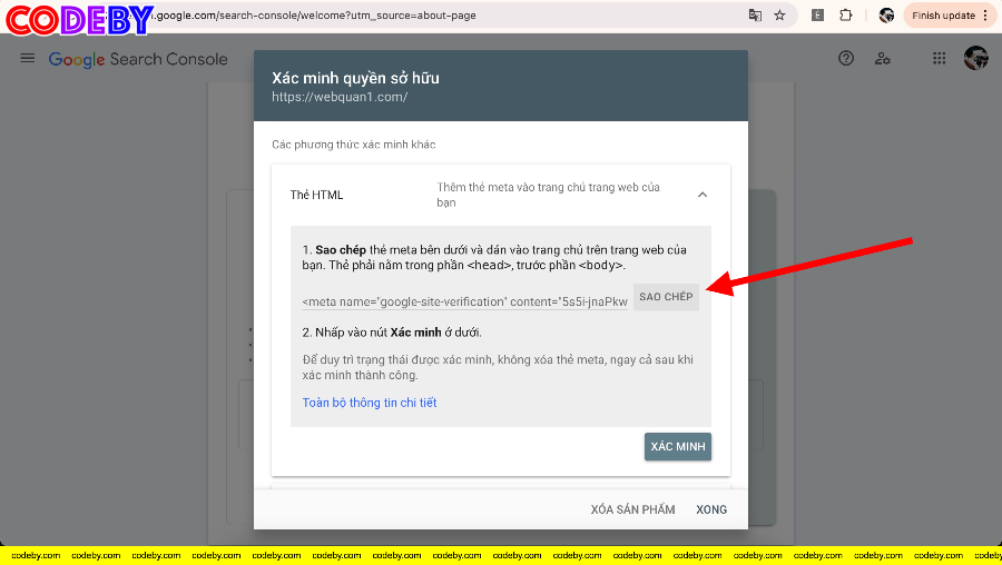 Xác minh quyền sở hữu website qua thẻ meta HTML